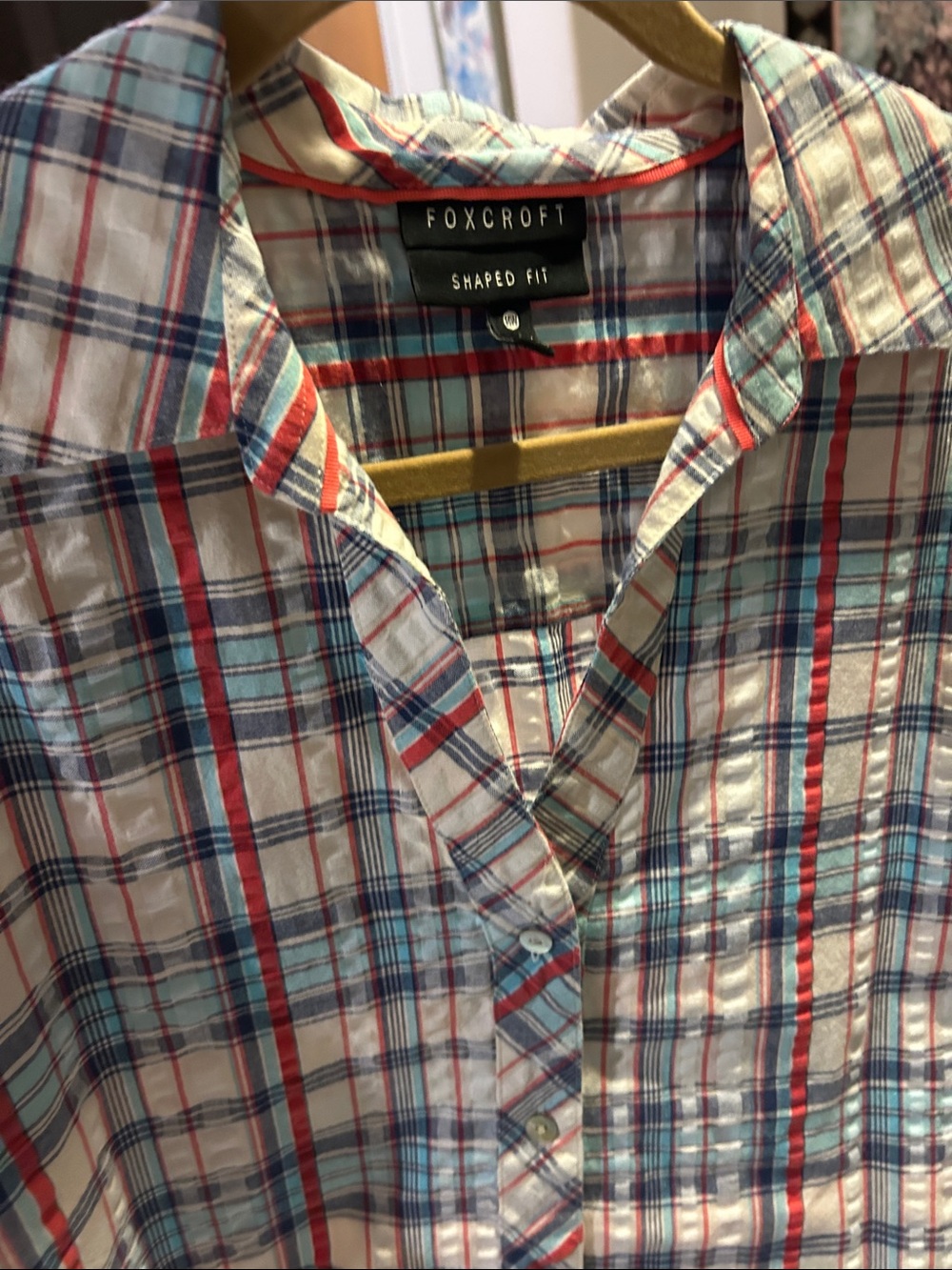 Foxcroft Plaid Short-Sleeve Button-Down Shirt in Blue and Red